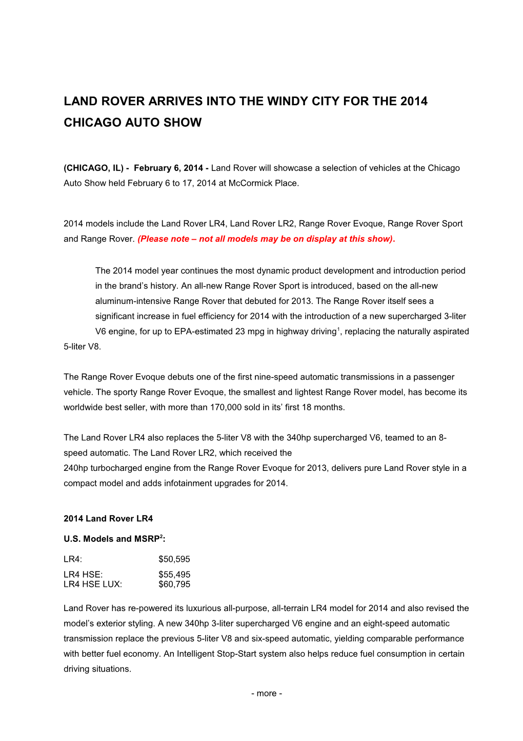 Land Rover Arrives Into the Windy Cityfor the 2014 Chicago Auto Show