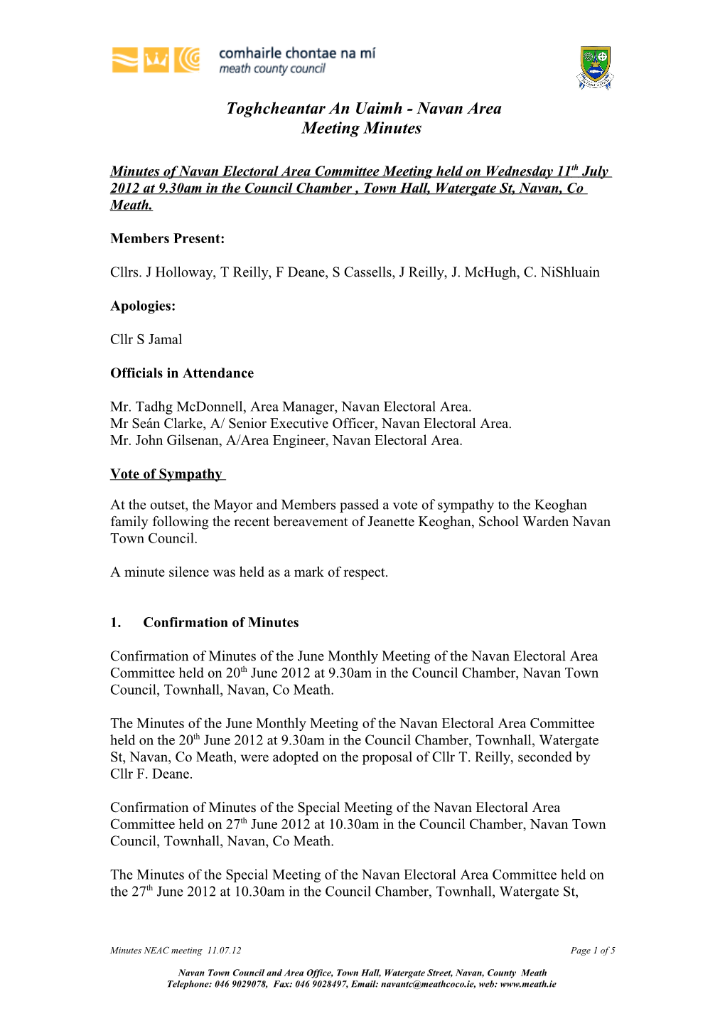 Minutes of Navan Electoral Area Committee Meeting Held on Wednesday 13Th April 2011 at 9