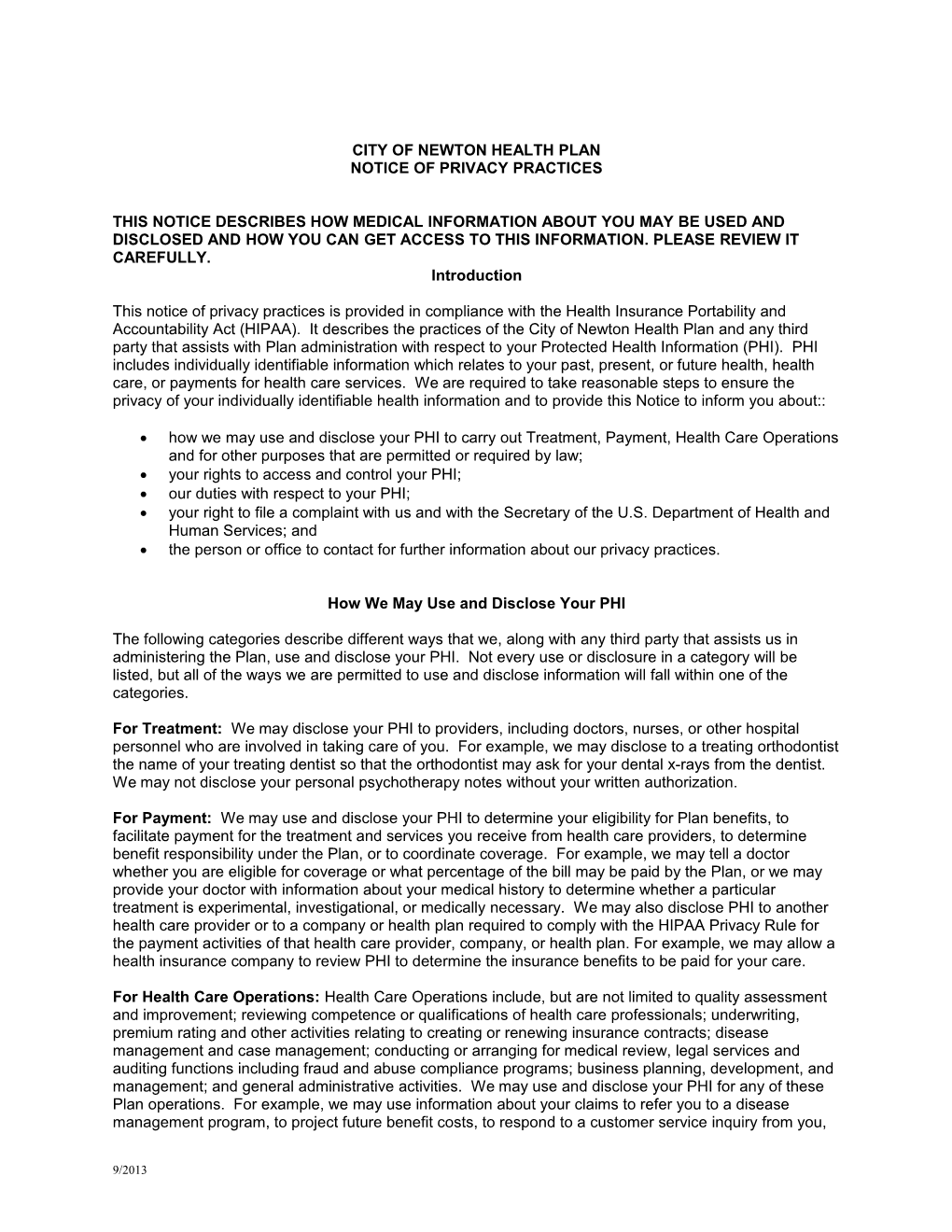 City of Newton Health Plan Notice of Privacy Practices Page 1 of 5