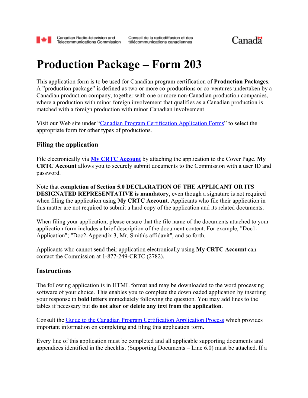 Production Package Form 203