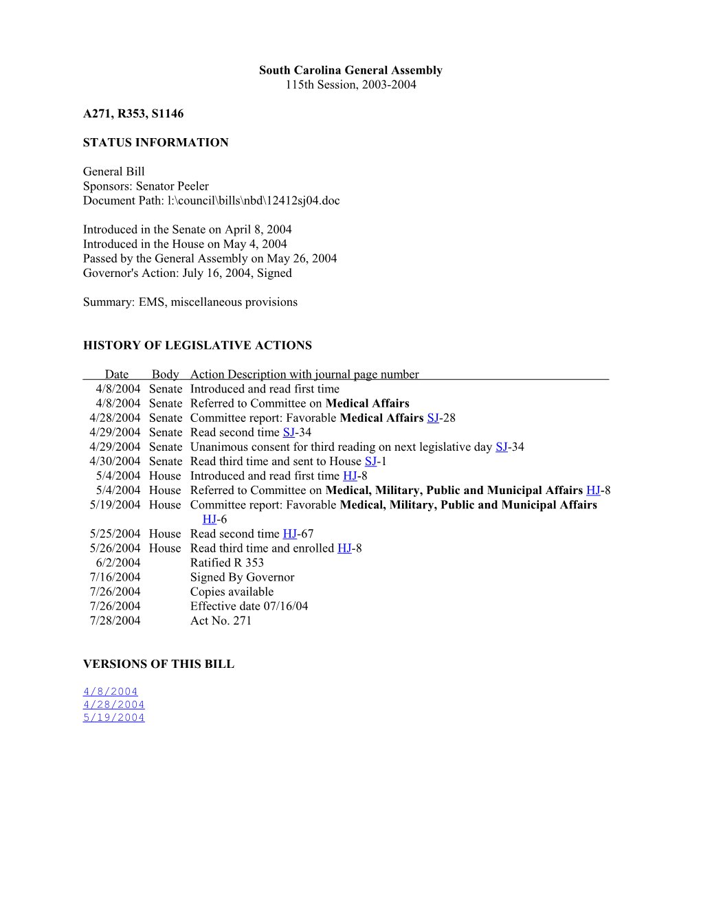 2003-2004 Bill 1146: EMS, Miscellaneous Provisions - South Carolina Legislature Online