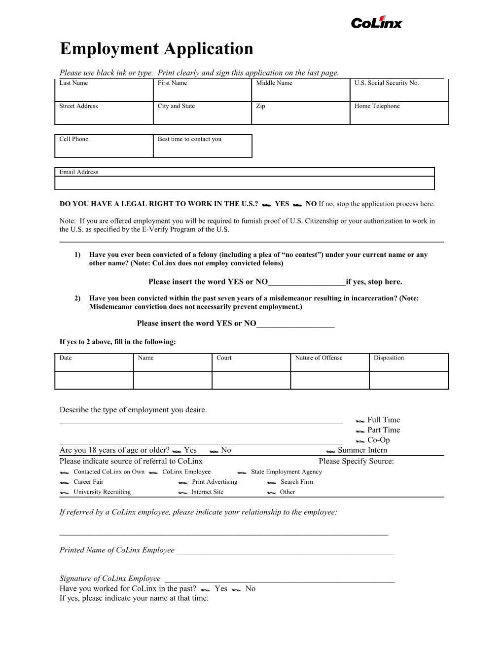 Please Use Black Ink Or Type. Print Clearly and Sign This Application on the Last Page