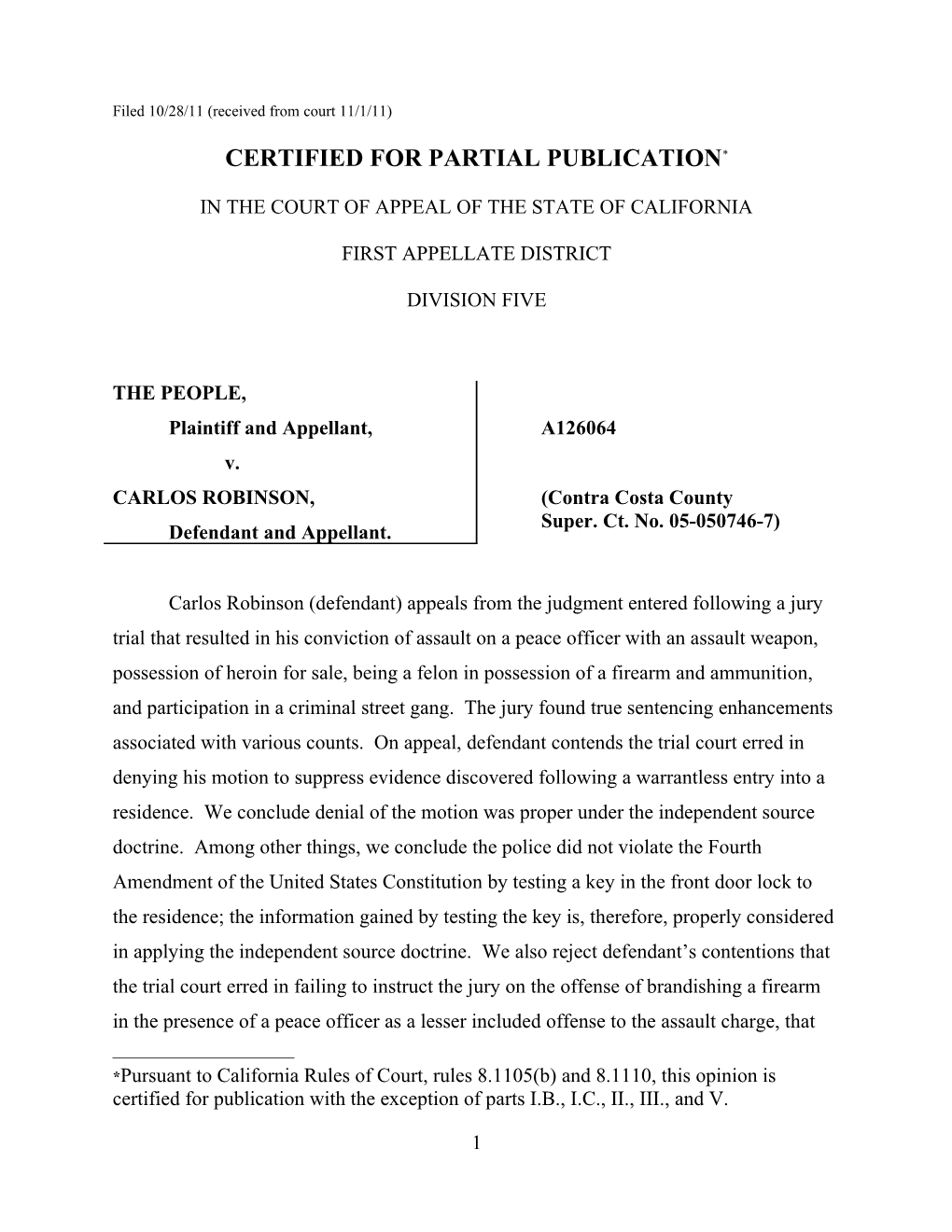 Filed 10/28/11 (Received from Court 11/1/11)