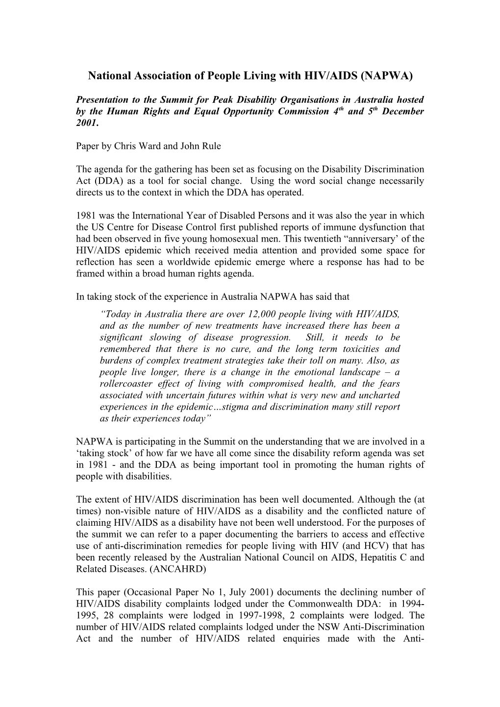 Paper Presented by the National Association of People Living with HIV/AIDS (NAPWA) to The