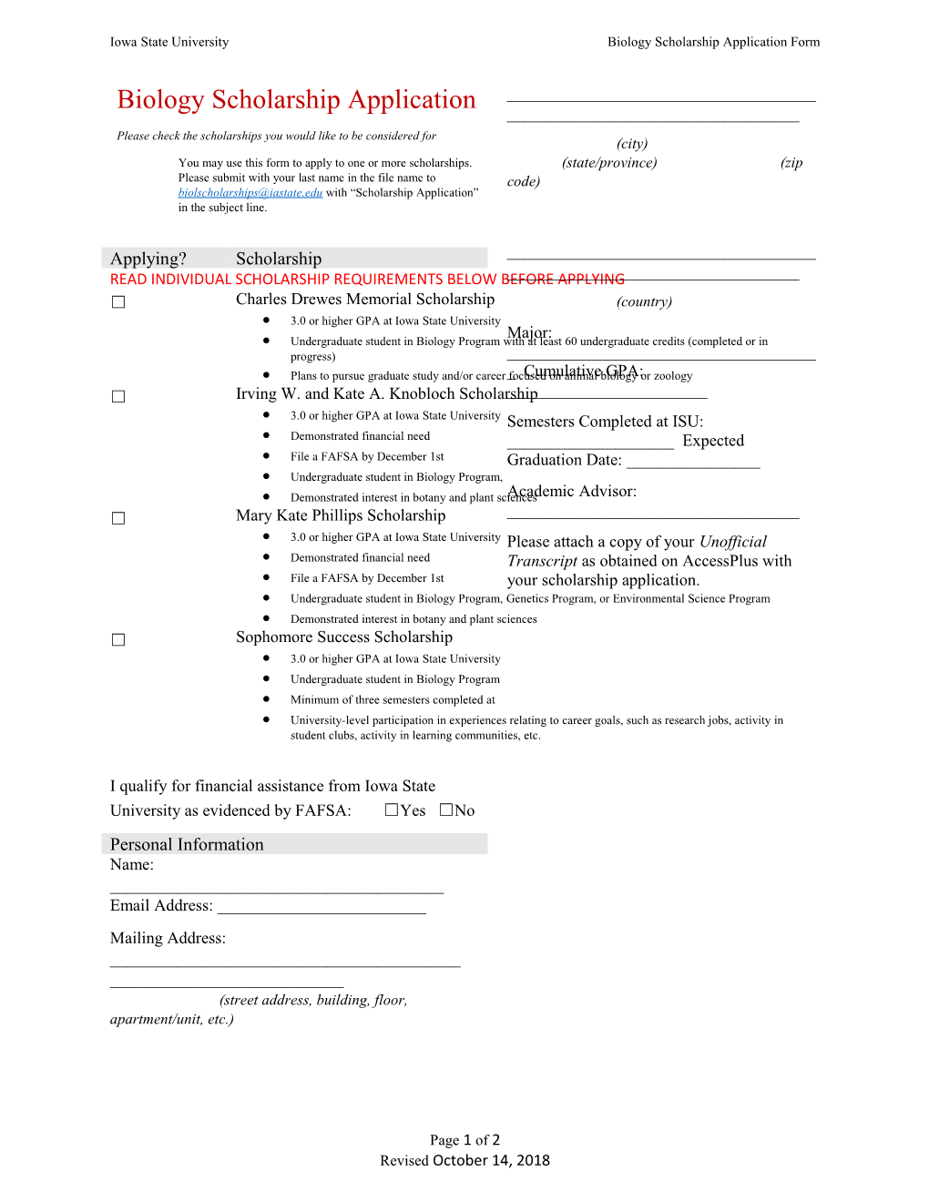 Iowa State Universitybiology Scholarship Application Form