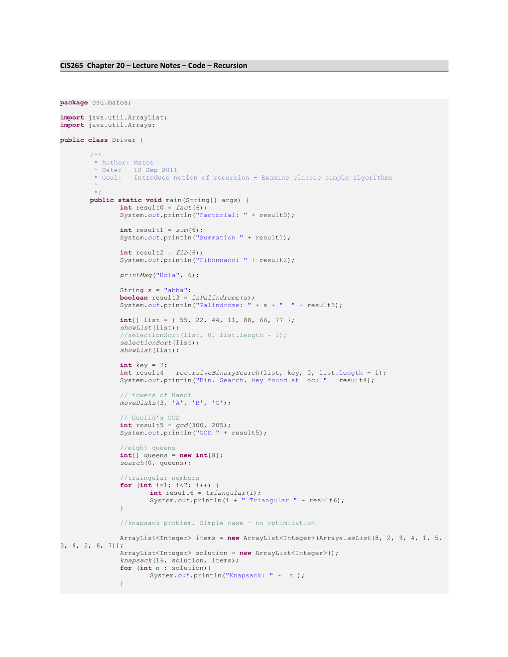 CIS265 Chapter 20 Lecture Notes Code Recursion