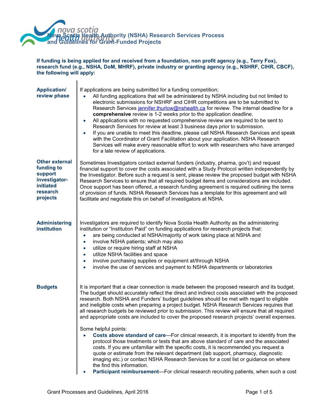 Capital Health (CH) Research Services Process and Guidelines for Grant Funded Projects