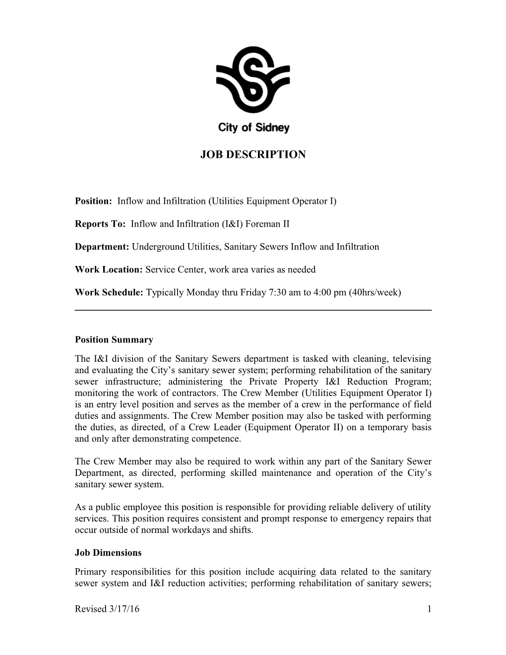 Position: Inflow and Infiltration (Utilities Equipment Operator I)