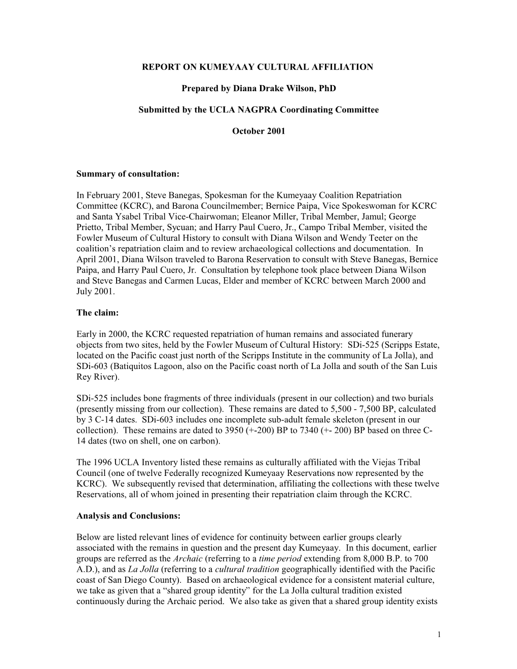 UCLA Draft Report on Kumeyaay Cultural Affiliation