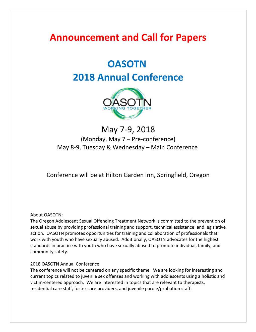 Announcement and Call for Papers