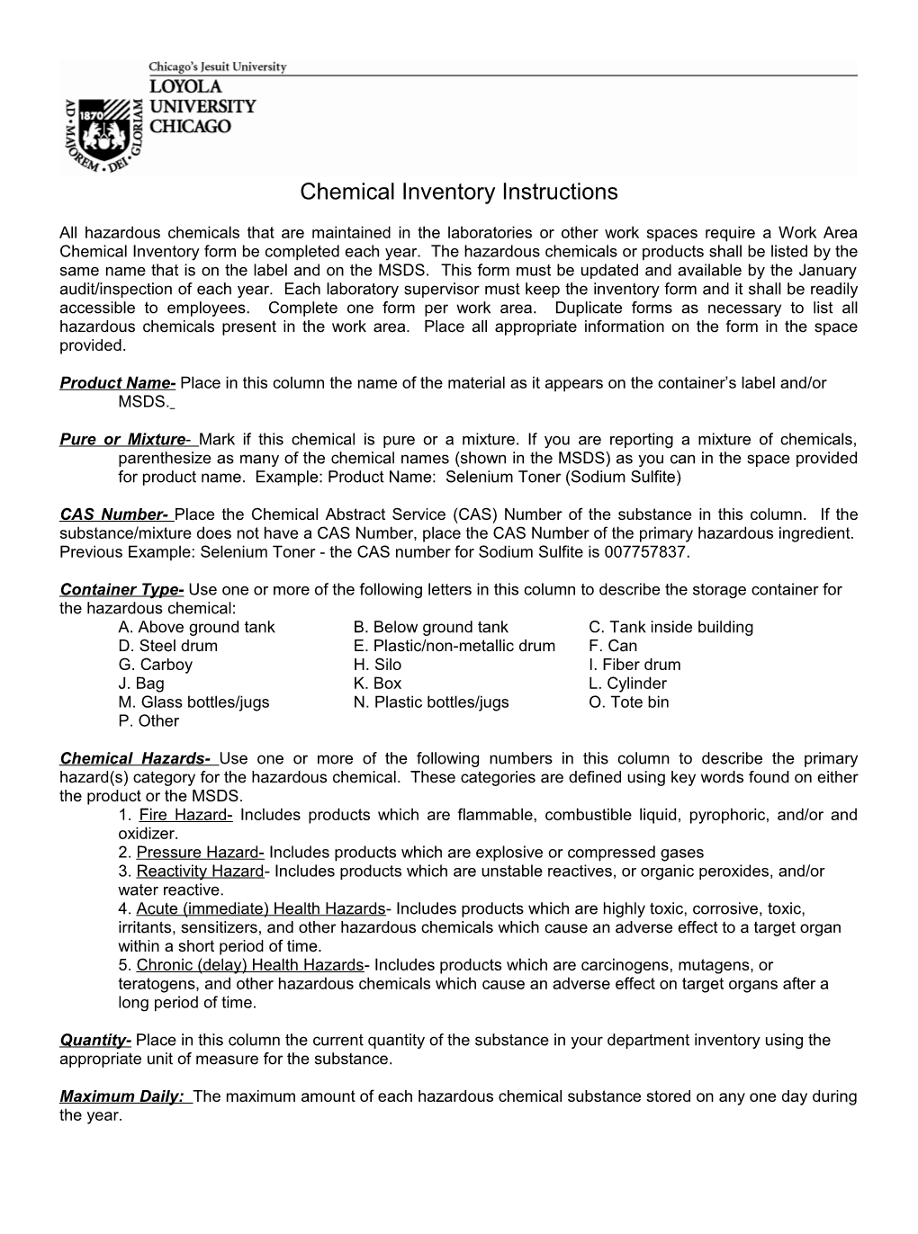 Chemical Inventory Instructions