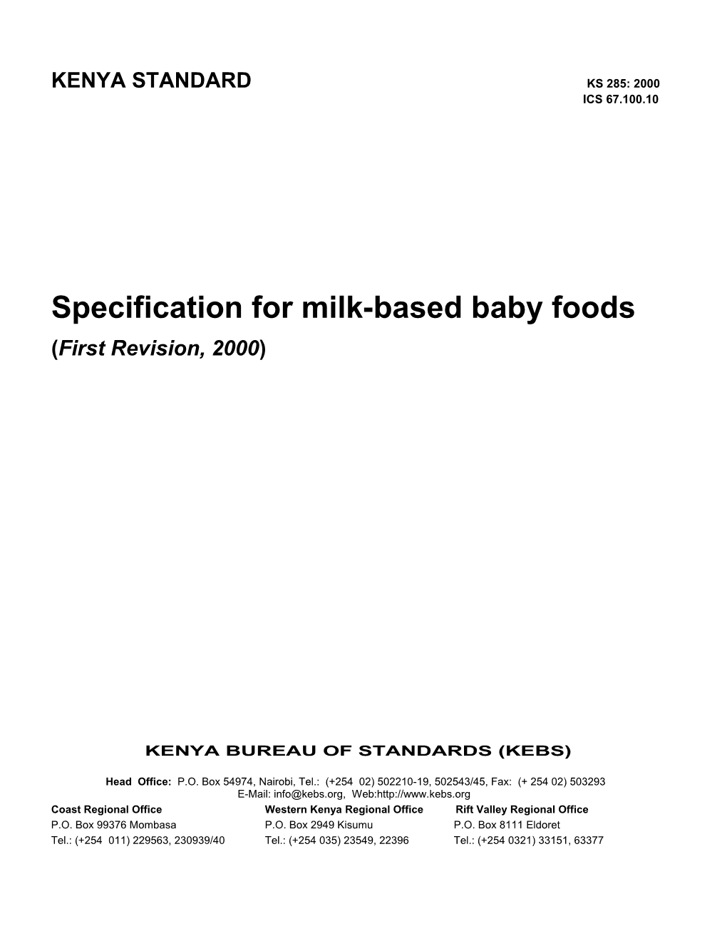 Specification for Milk-Based Baby Foods