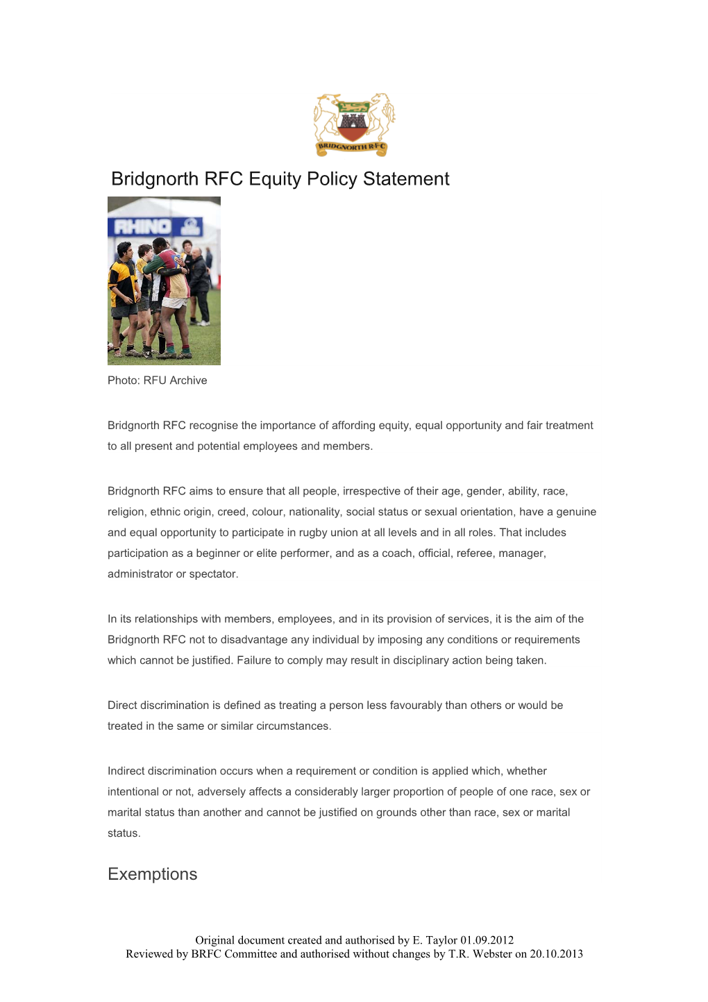 Bridgnorth RFC Equity Policy Statement
