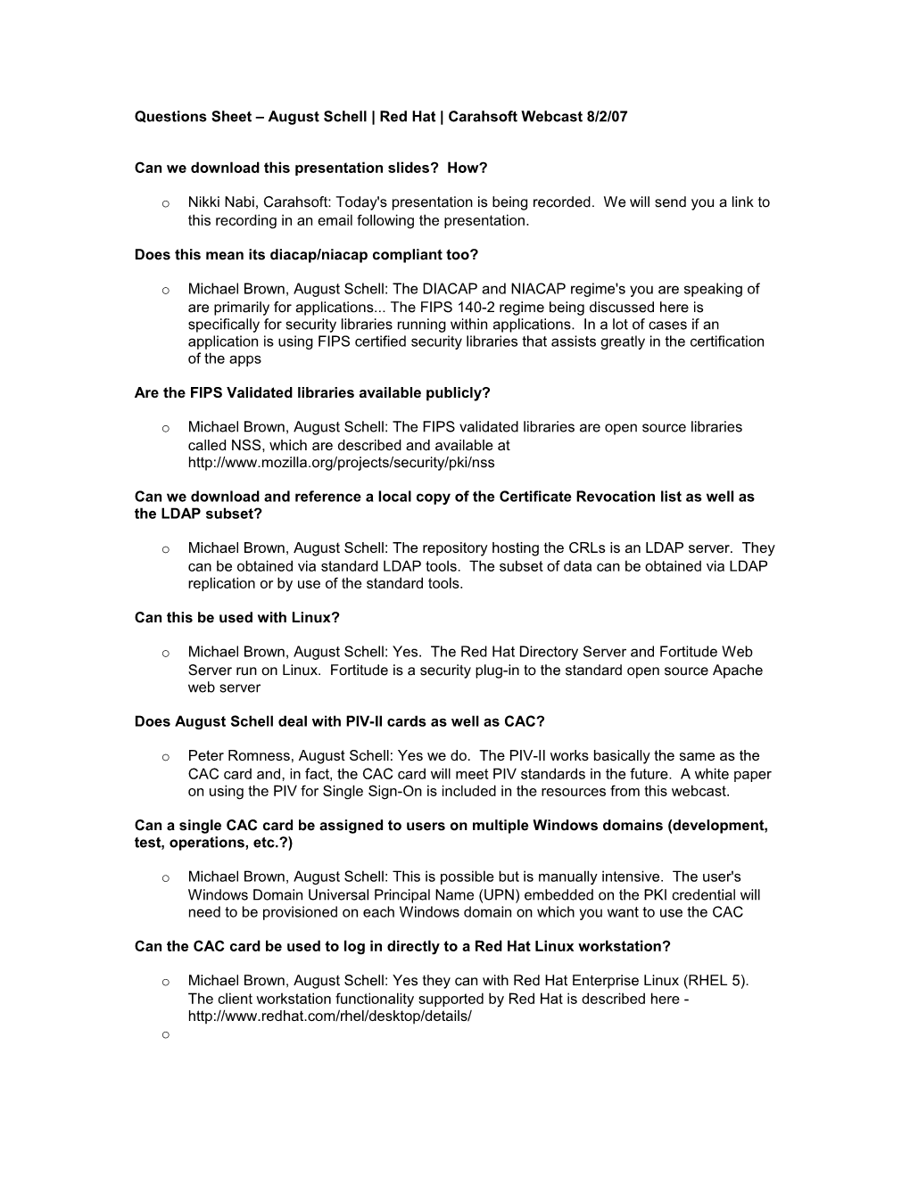 FAQ Sheet August Schell Red Hat Carahsoft Webcast 8/2/07