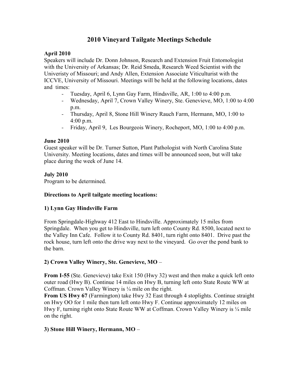 2010 Vineyard Tailgate Meetings Schedule