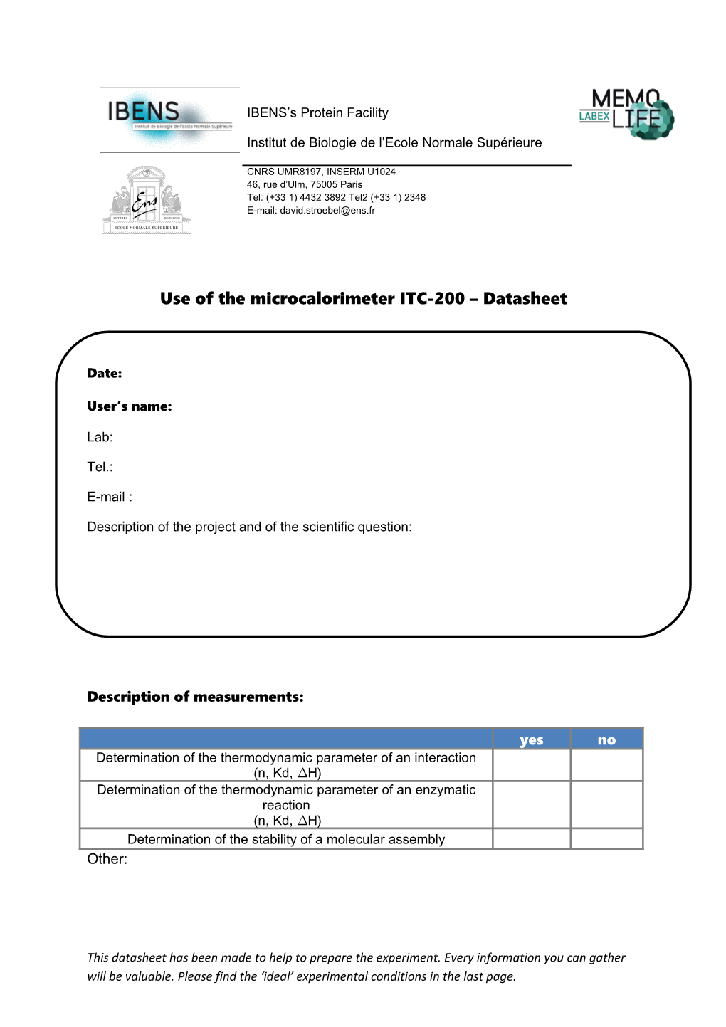 Use Ofthe Microcalorimeter ITC-200 Datasheet