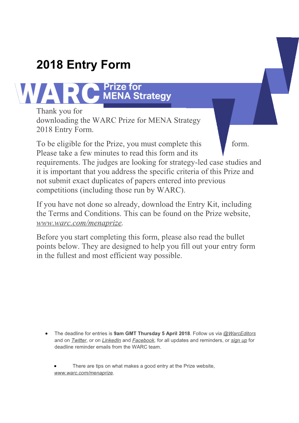 Thank You for Downloading the WARC Prize for MENA Strategy 2018 Entry Form
