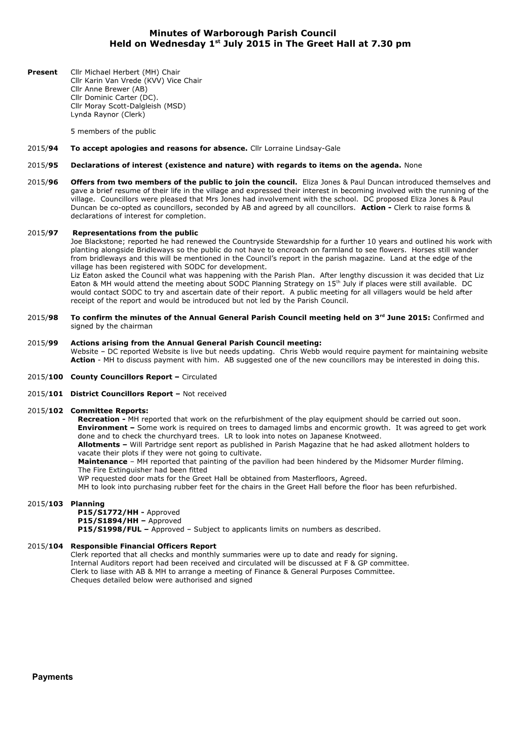 Minutes of the Meeting of Warborough Parish Council