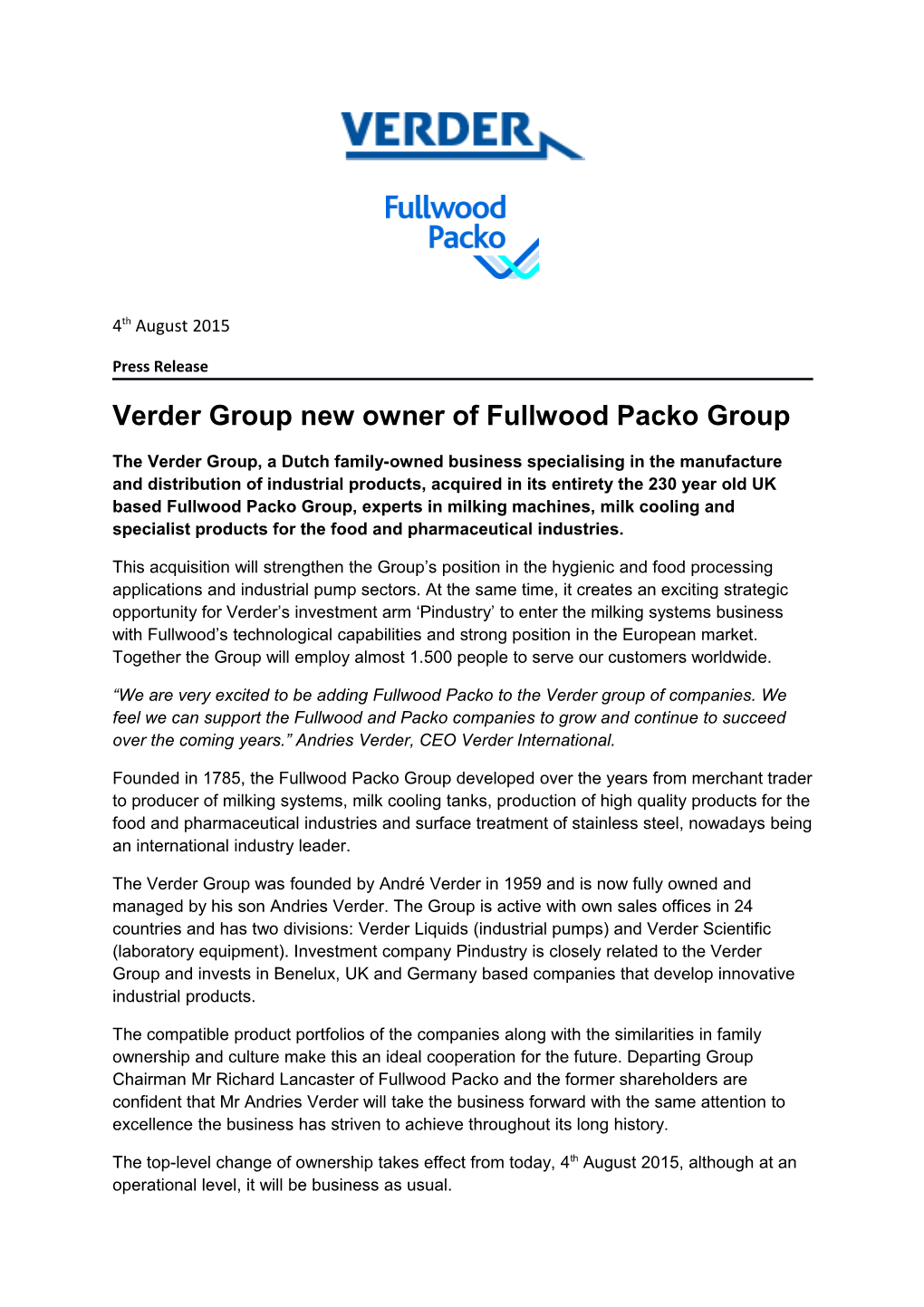 Verder Group New Owner of Fullwood Packo Group