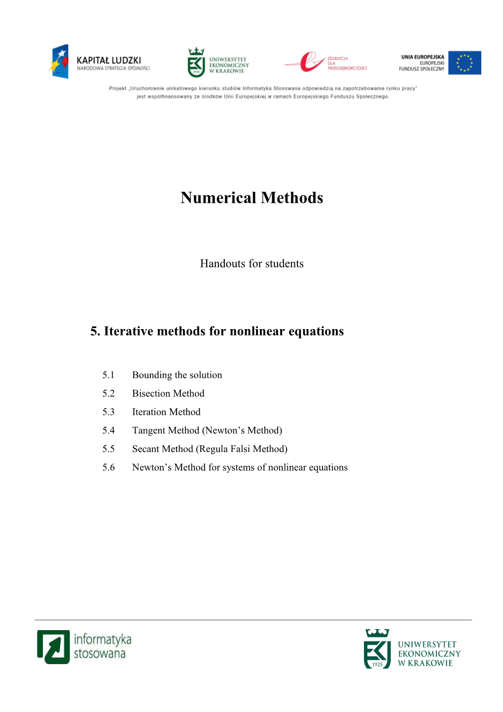 Numerical Methods 5. Iterative Methods for Nonlinear Equations