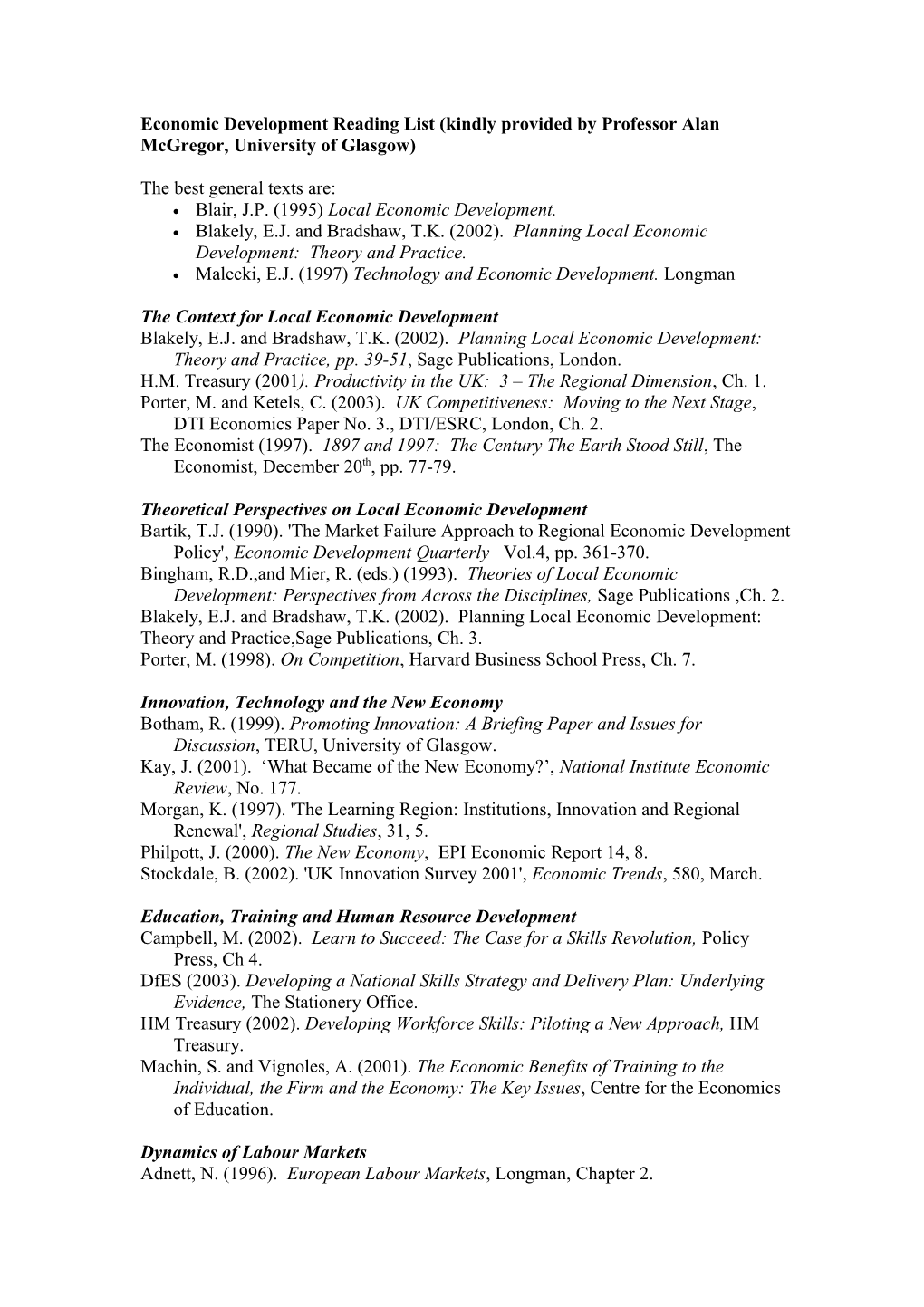 Economic Development Reading List (Kindly Provided by Professor Alan Mcgregor, University