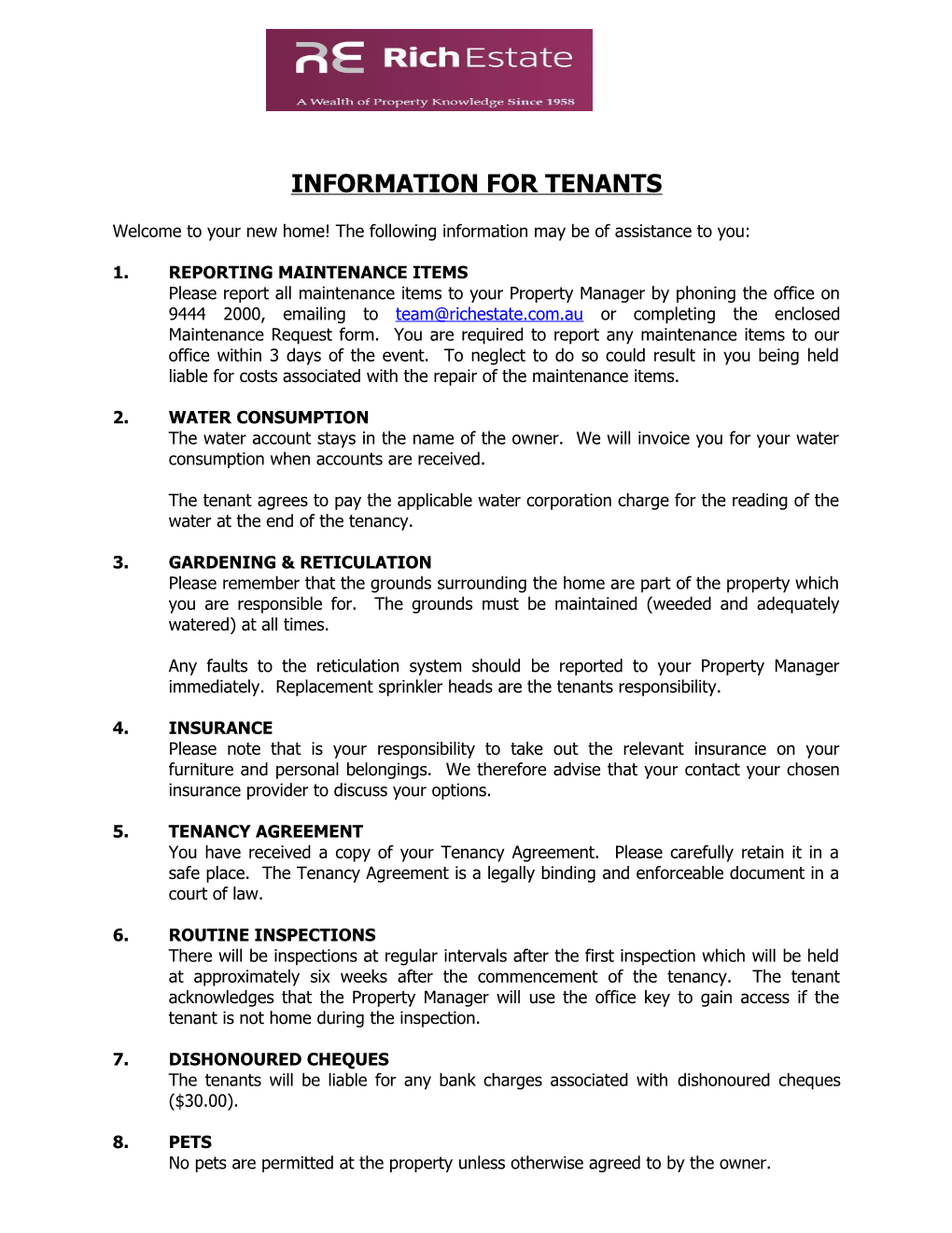 Information to Tenants