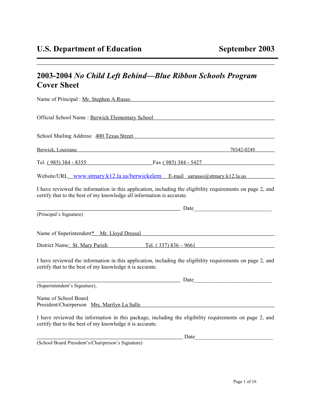 Berwick Elementary School 2004 No Child Left Behind-Blue Ribbon School Application (Msword)