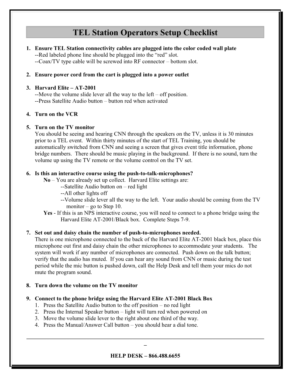 TEL Station Operators Setup Checklist