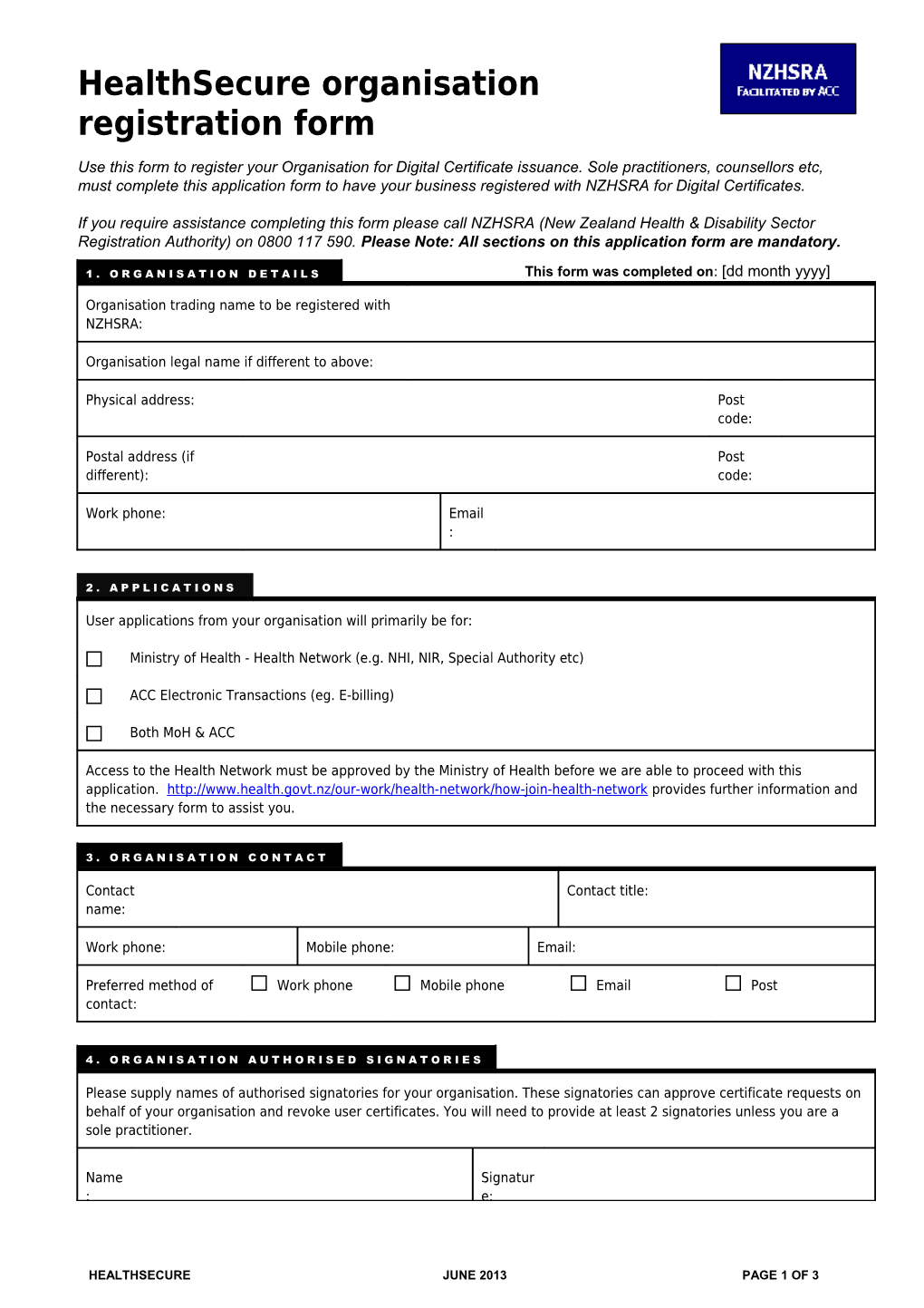 Healthsecure Organisation Registration Form