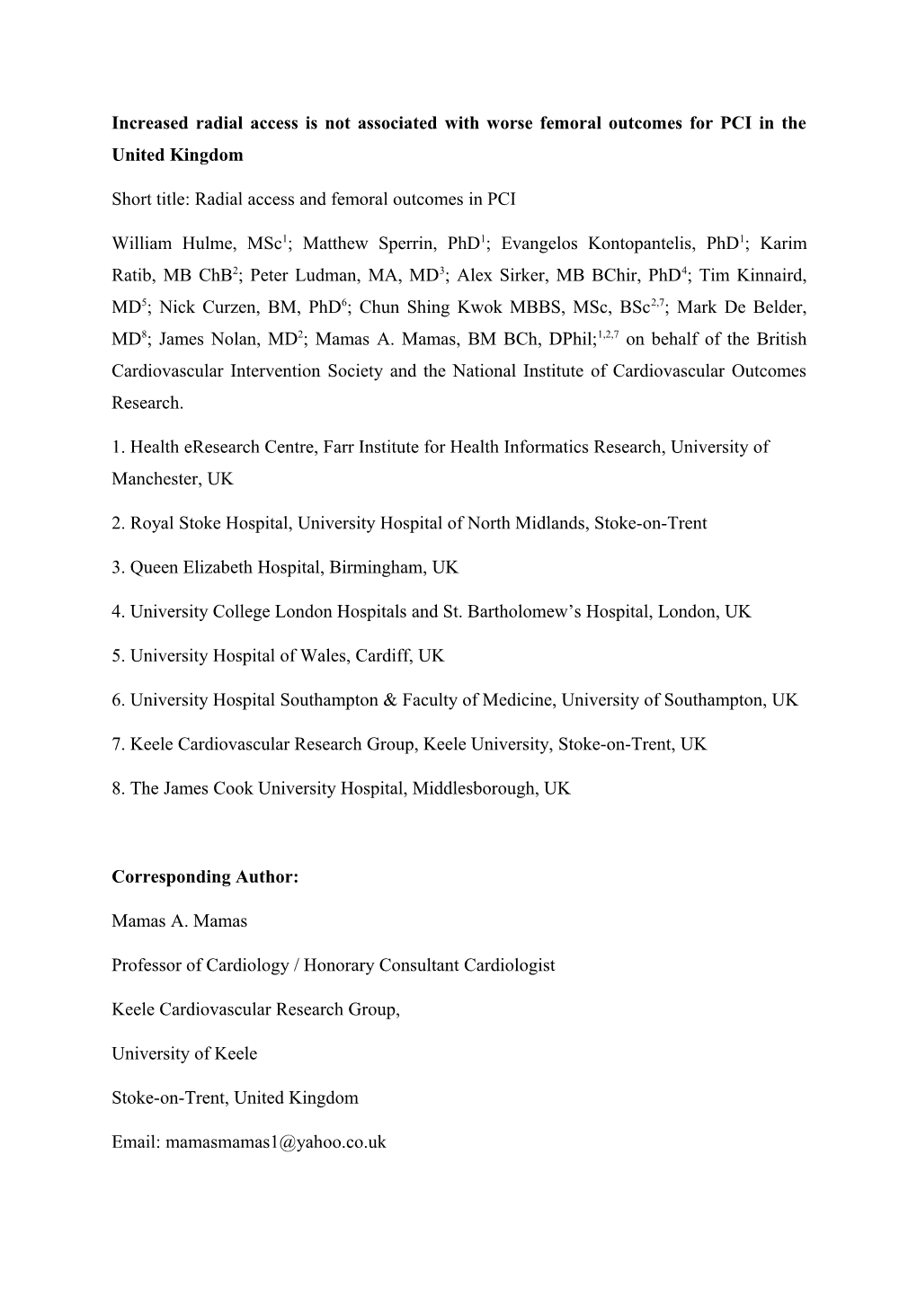 Short Title: Radial Access and Femoral Outcomes in PCI