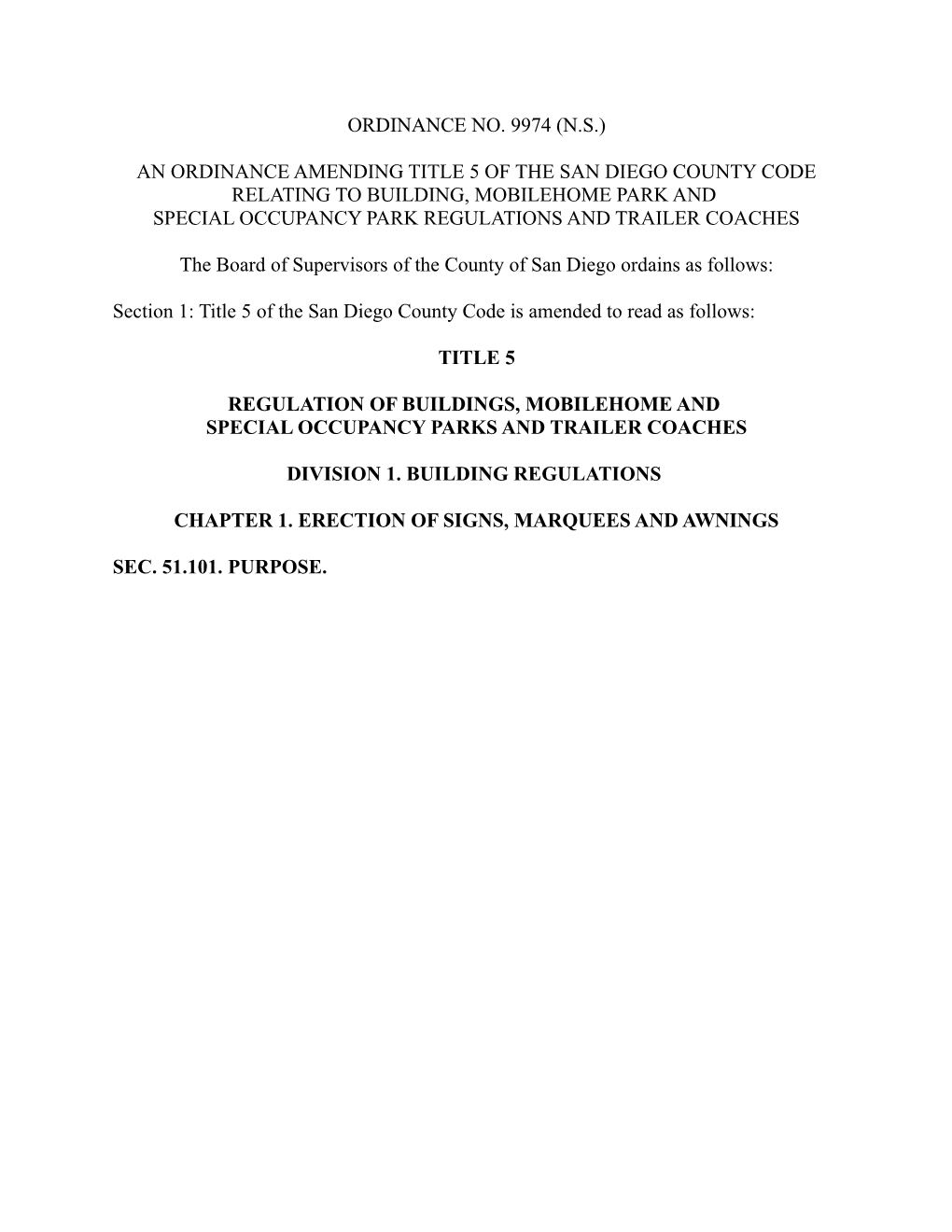 An Ordinance Amending Title 5 of the San Diego County Code