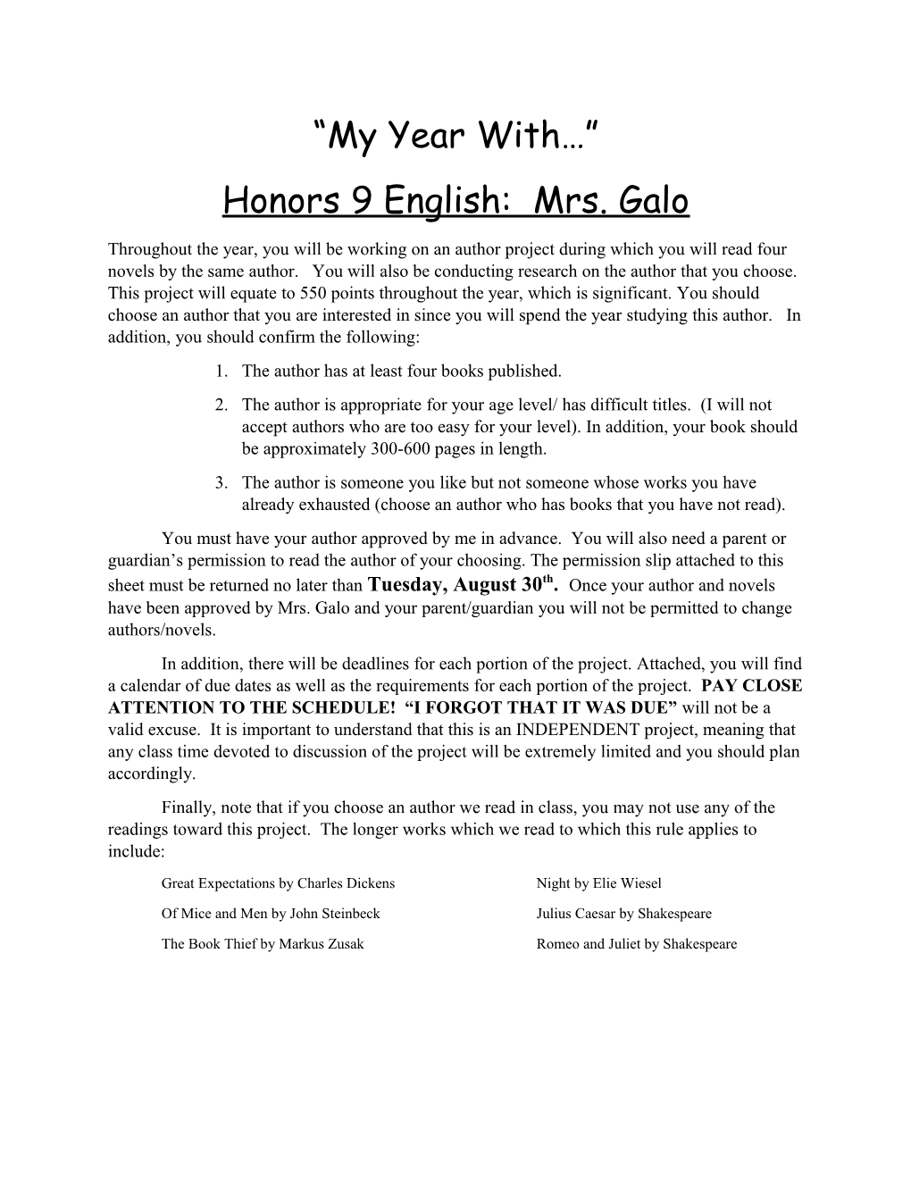 Honors 9 English: Mrs. Galo