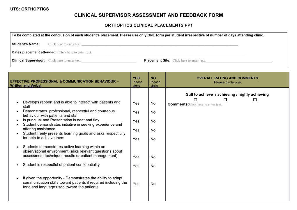 Clinical Supervisor Assessment and Feedback Form