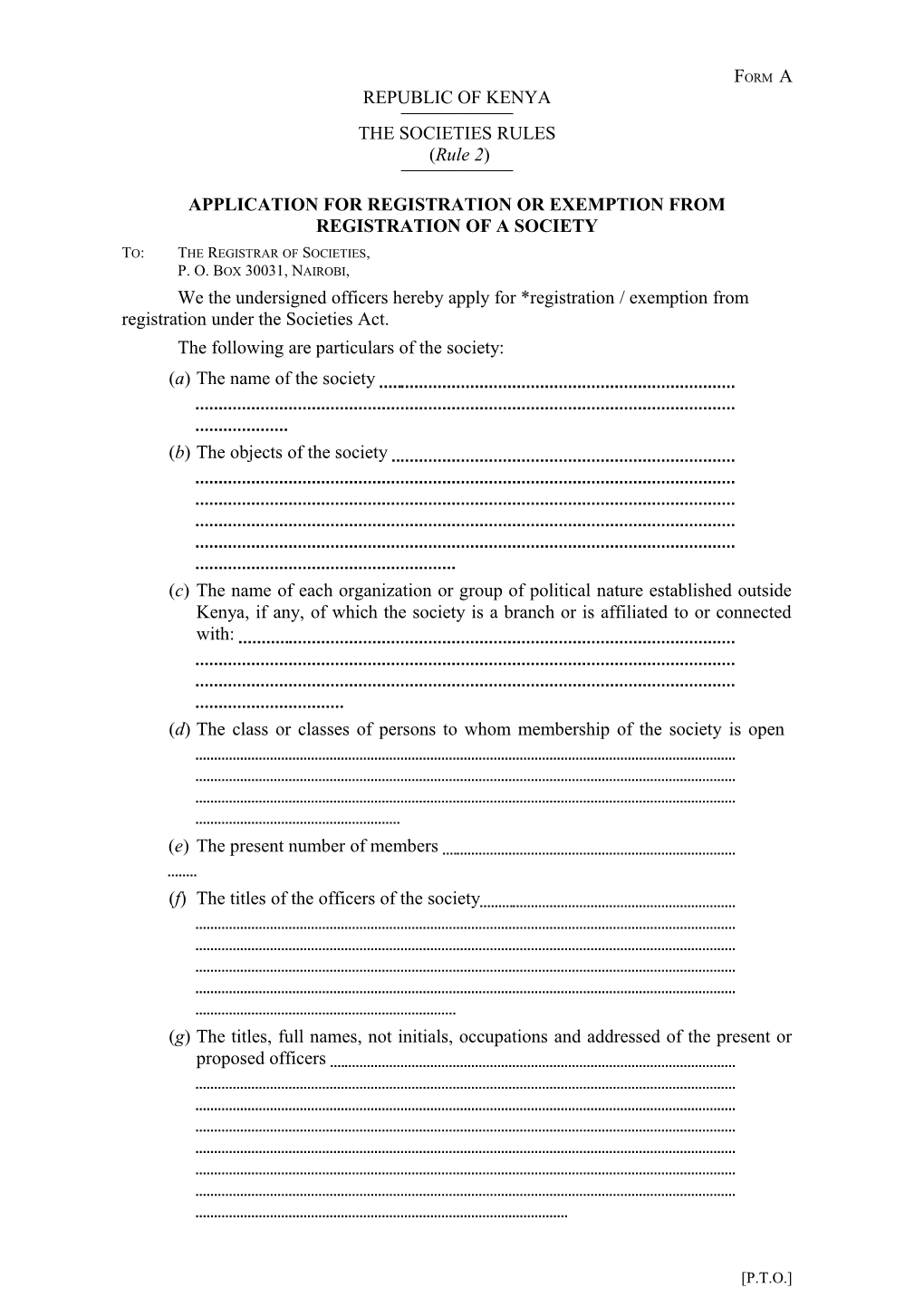 Application for Registration Or Exemption from Registration of a Society