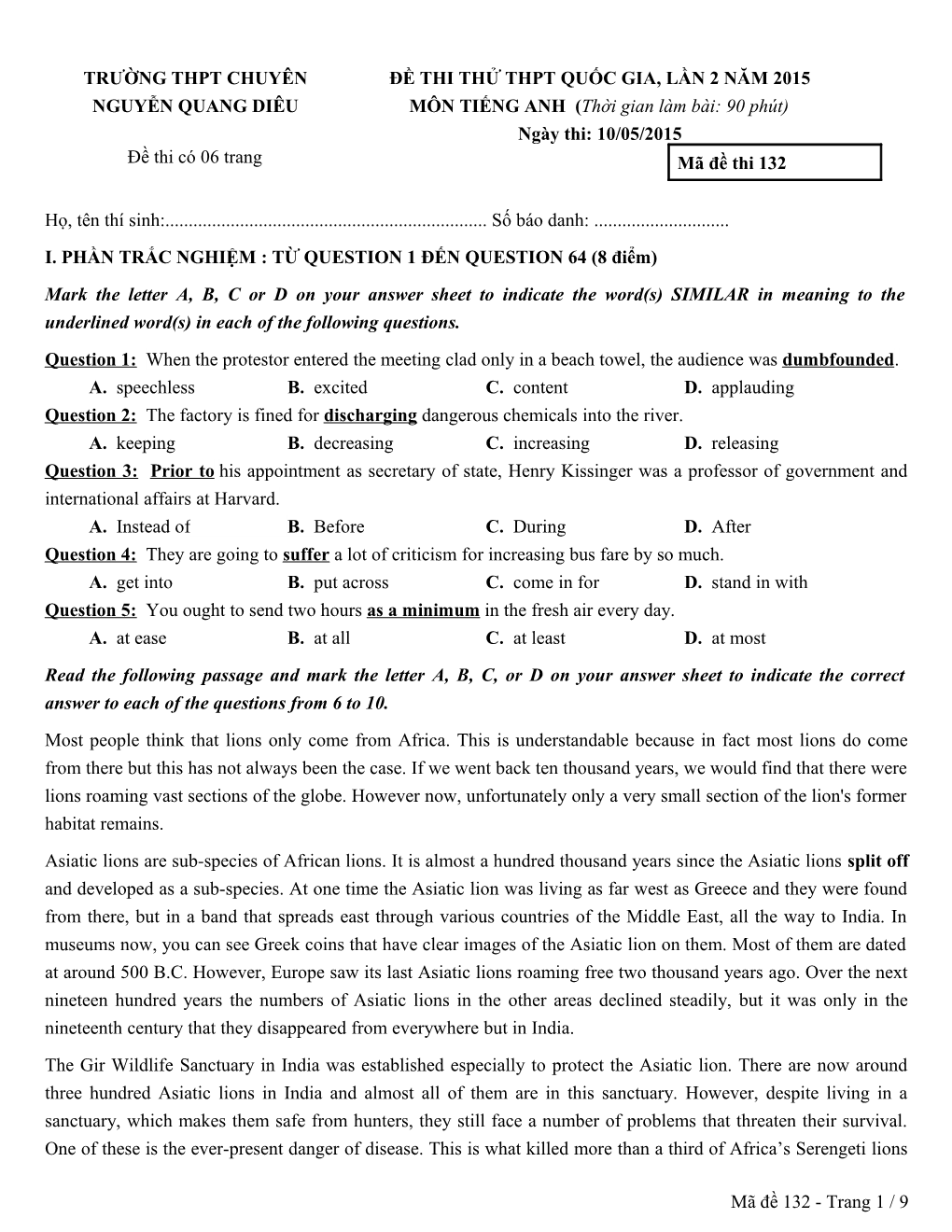 I. PHẦN TRẮC NGHIỆM: TỪ QUESTION 1 ĐẾN QUESTION 64 (8 Điểm)