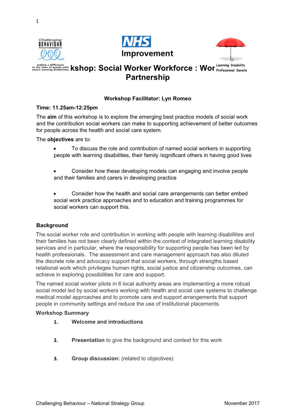 Workshop: Social Worker Workforce : Working in Partnership