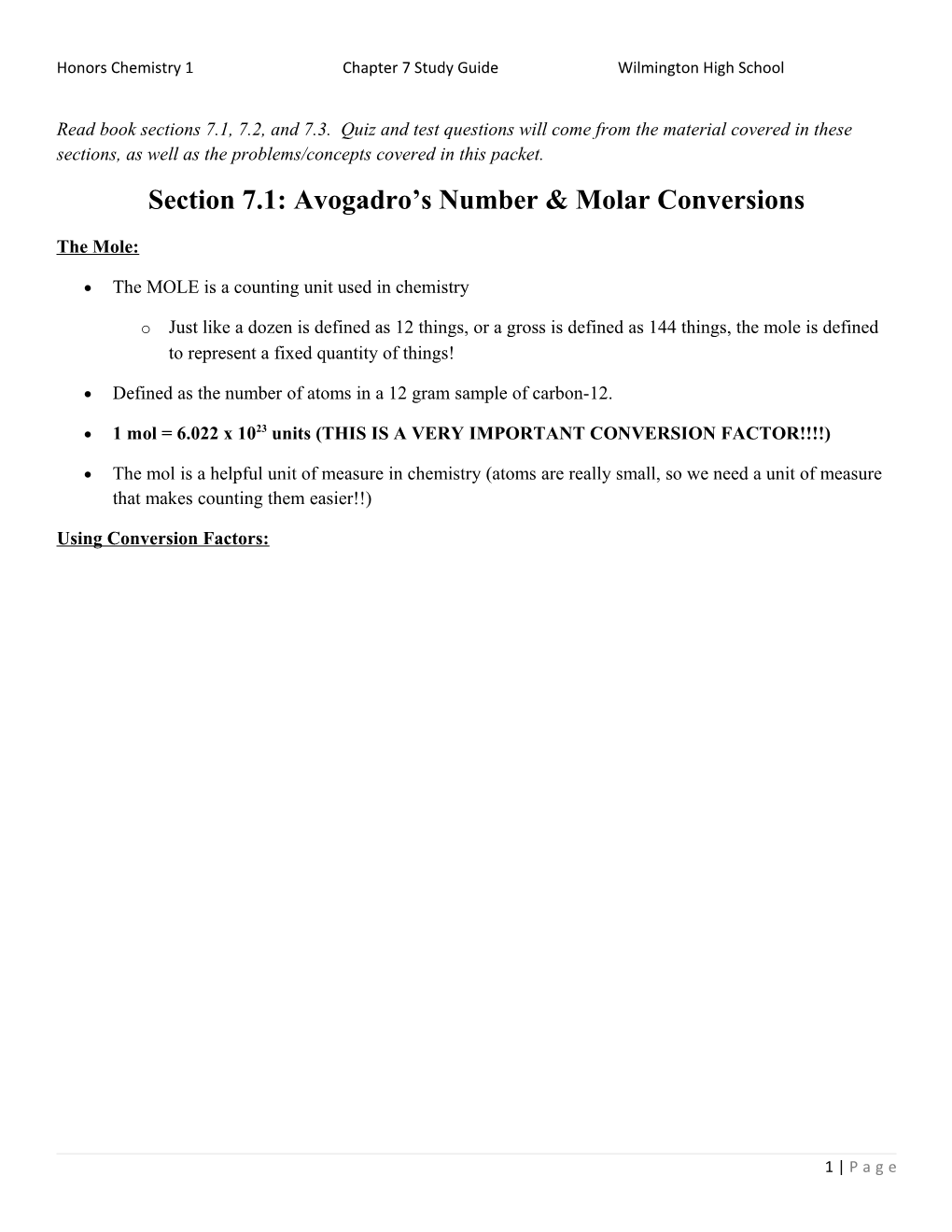 Section 7.1: Avogadro S Number & Molar Conversions