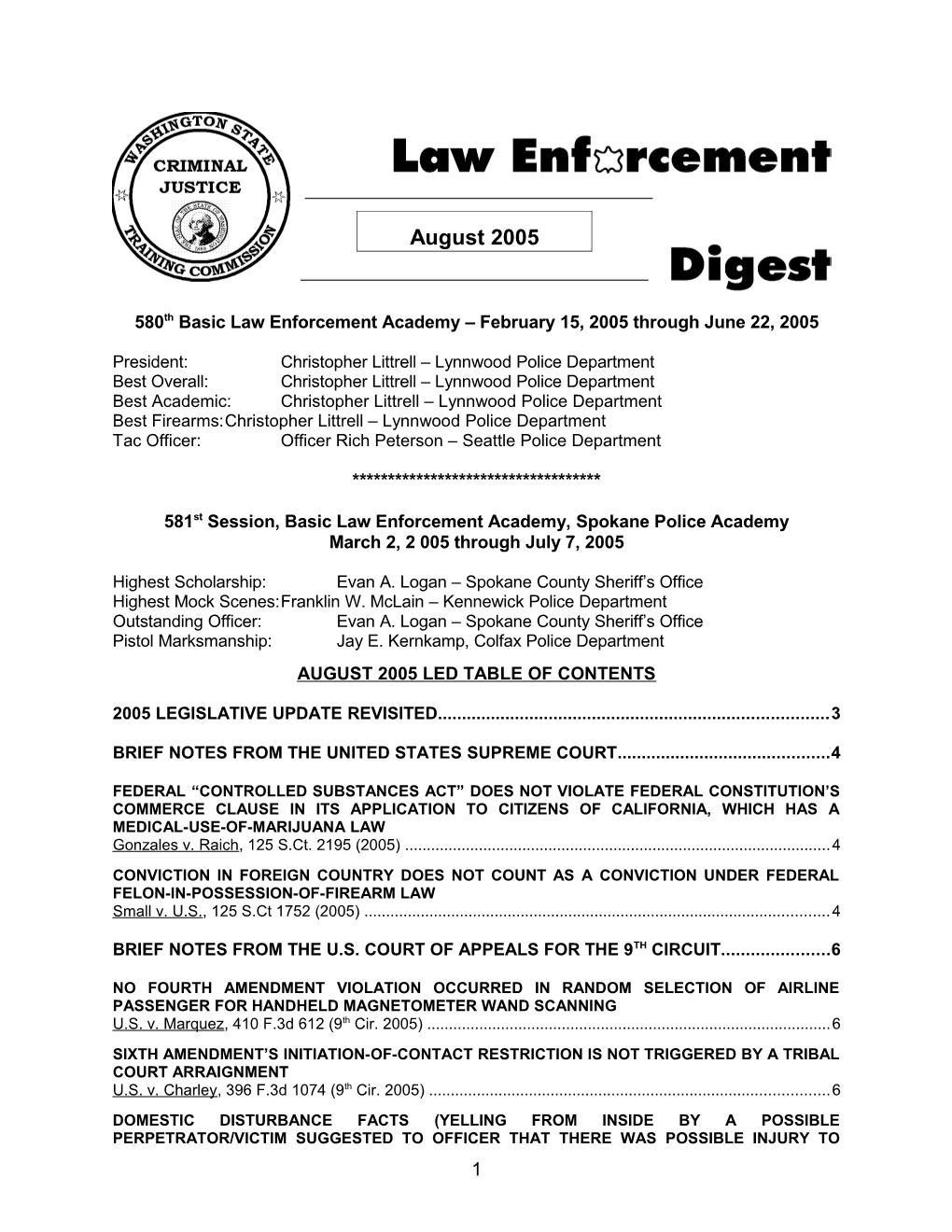 580Th Basic Law Enforcement Academy February 15, 2005 Through June 22, 2005