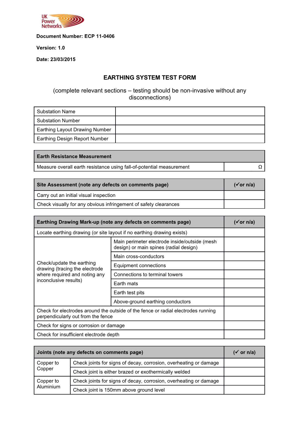 ECP 11-0406 Earthing System Test Form