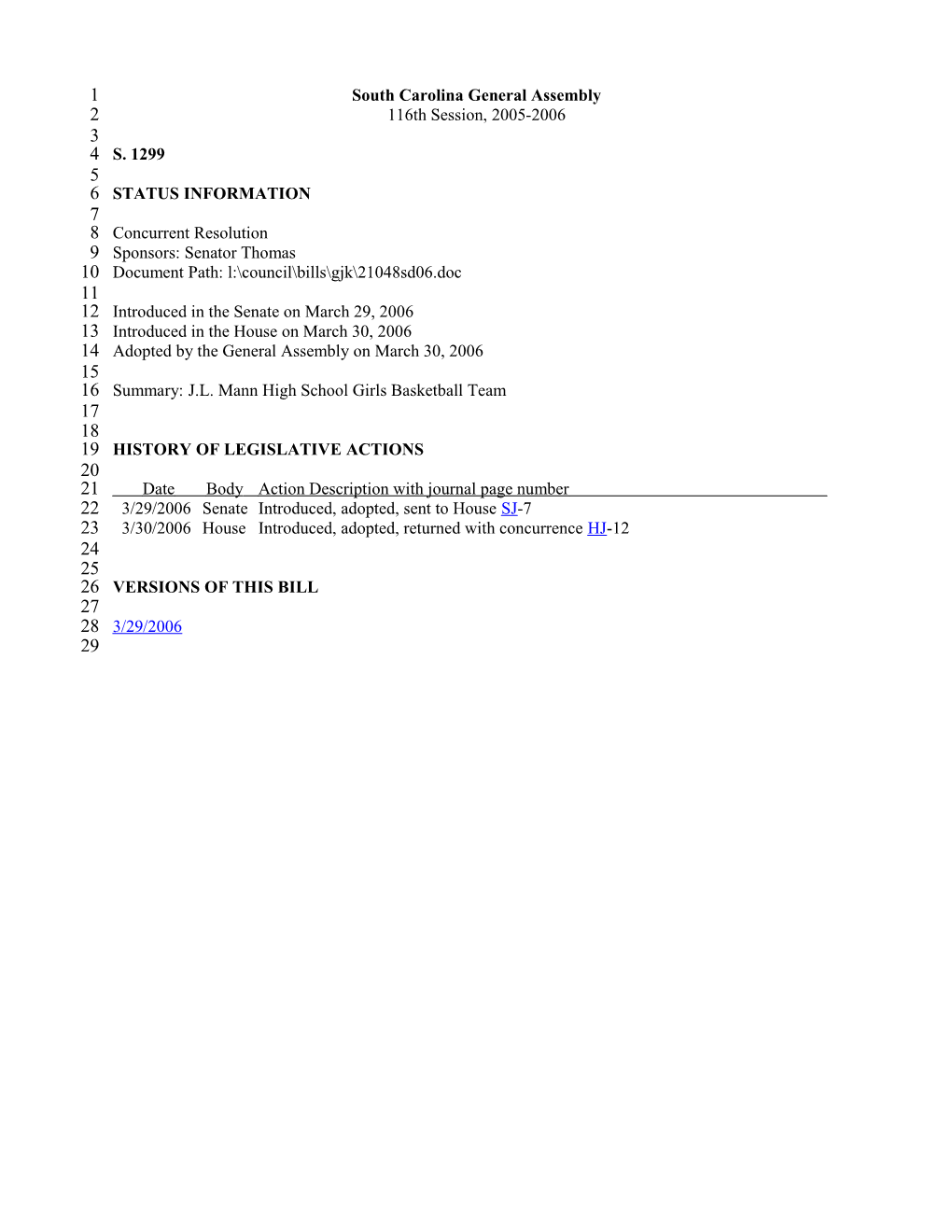 2005-2006 Bill 1299: J.L. Mann High School Girls Basketball Team - South Carolina Legislature