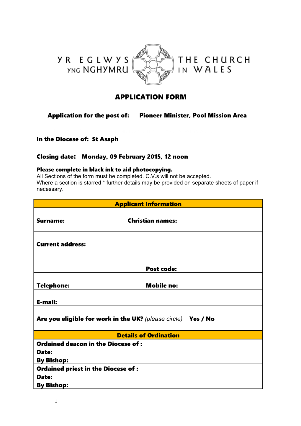 Application for the Post Of: Pioneer Minister, Pool Mission Area