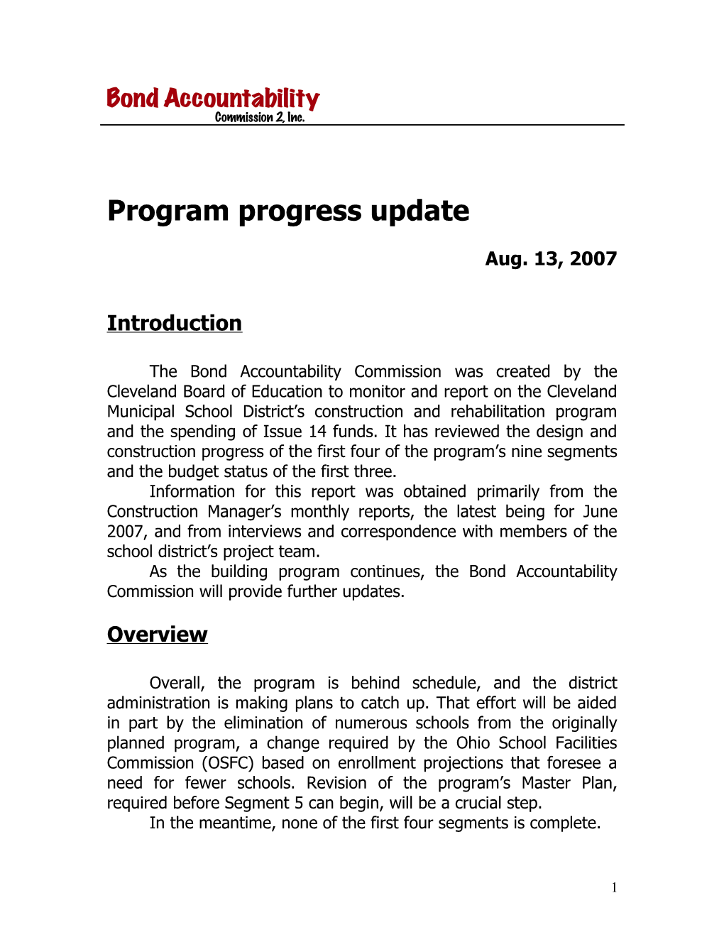 Program Progress Update