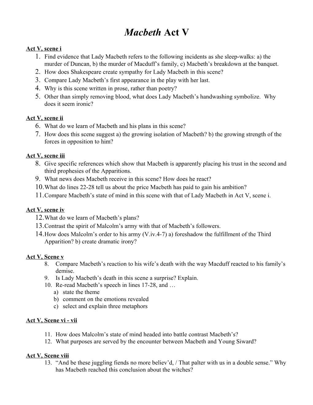 Macbeth Act V, Scenes I to Iv