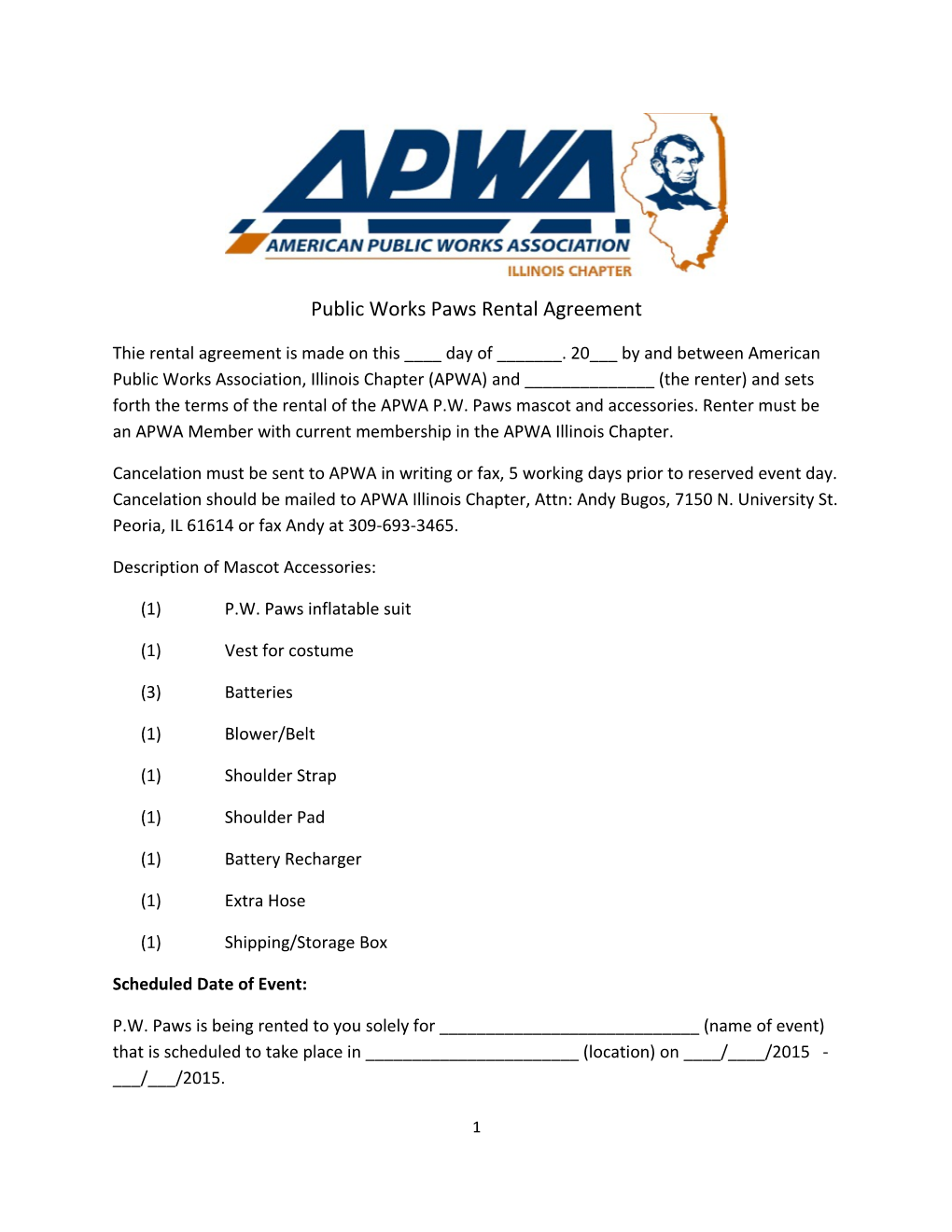 Public Works Paws Rental Agreement