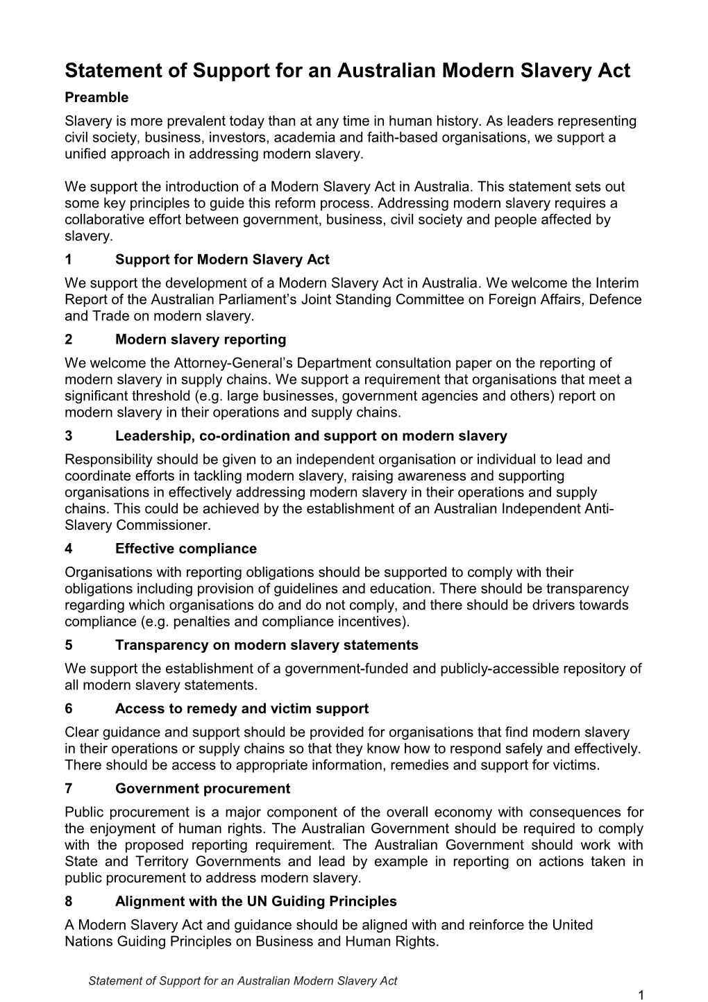 Statement of Support for an Australian Modern Slavery Act