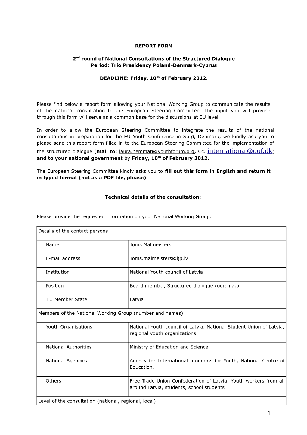 Report Form 1St Round of National Consultations of the Second Cycle Structured Dialogue