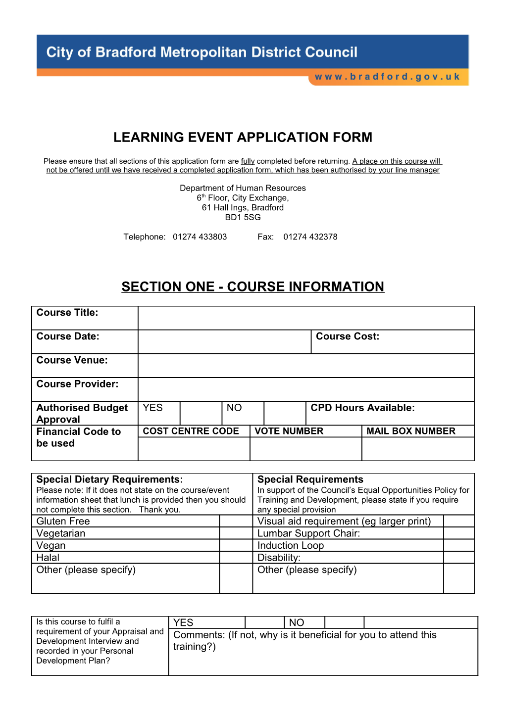 Learning Event Application Form