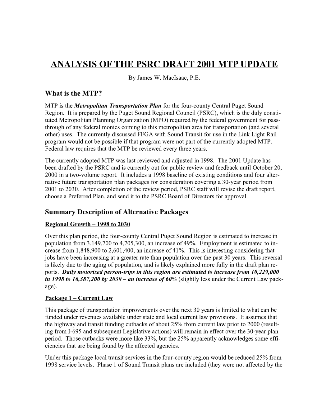 Analysis of the Psrc Draft 2001 Mtp Update
