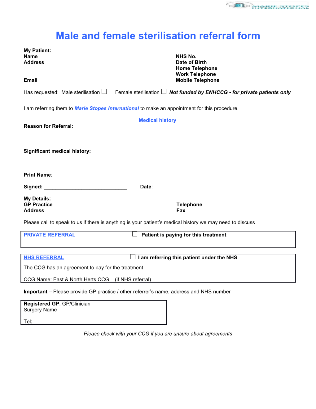 Male and Female Sterilisation Referral Form