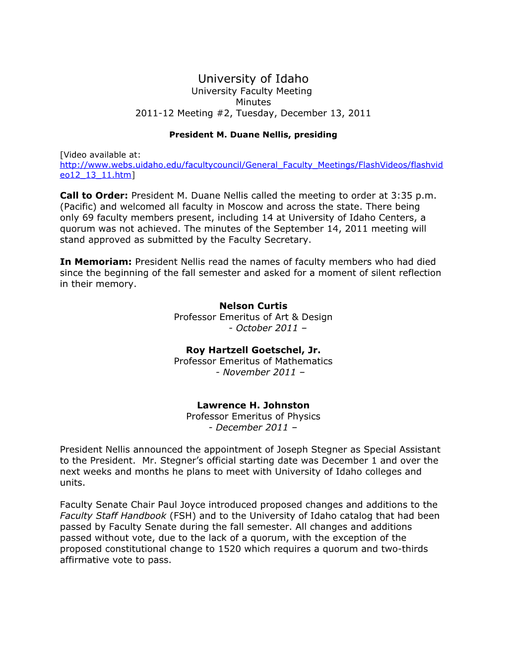 University Faculty Meeting December 13, 2011 Page 1